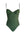 Green one-piece swimsuit with thin straps on a white background