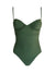 Green one-piece swimsuit with thin straps on a white background