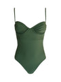 Green one-piece swimsuit with thin straps on a white background