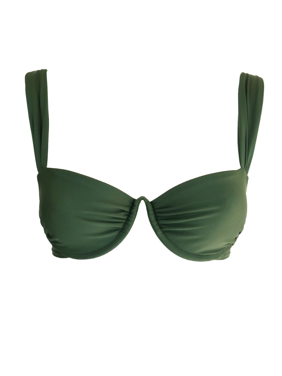 Green bikini top on a white background