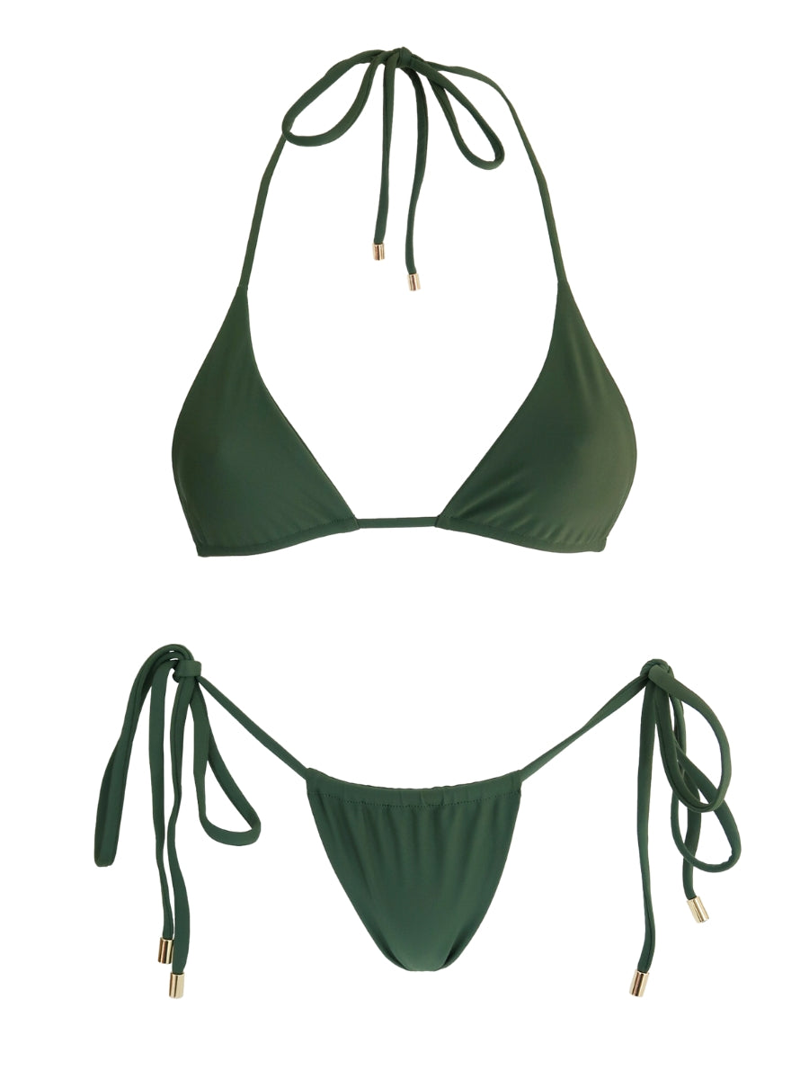 Green bikini set with halter top and tie sides on a white background