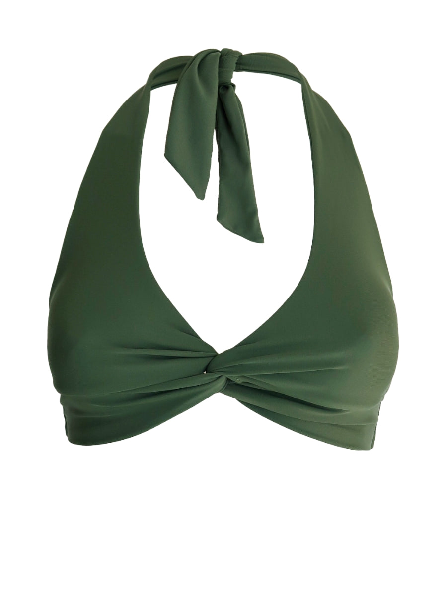 Green bikini top with a knot detail on a white background
